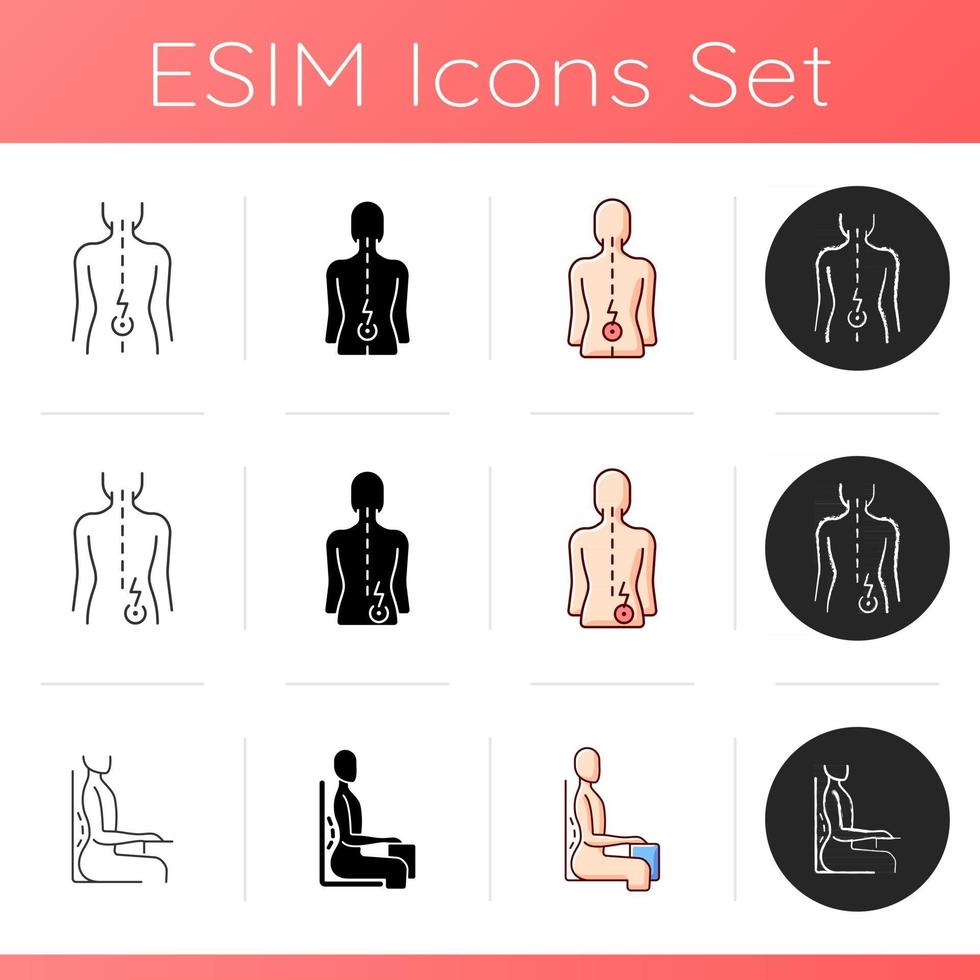 Bad posture problems icons set. Lower back pain. Muscles stress. Sprains and strains. Unnatural sitting position. Hip pain. Linear, black and RGB color styles. Isolated vector illustrations