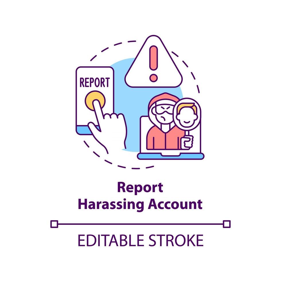 Reporting harassing account concept icon. Cyberbullying prevention idea thin line illustration. Informing about abusive messages, comments. Vector isolated outline RGB color drawing. Editable stroke