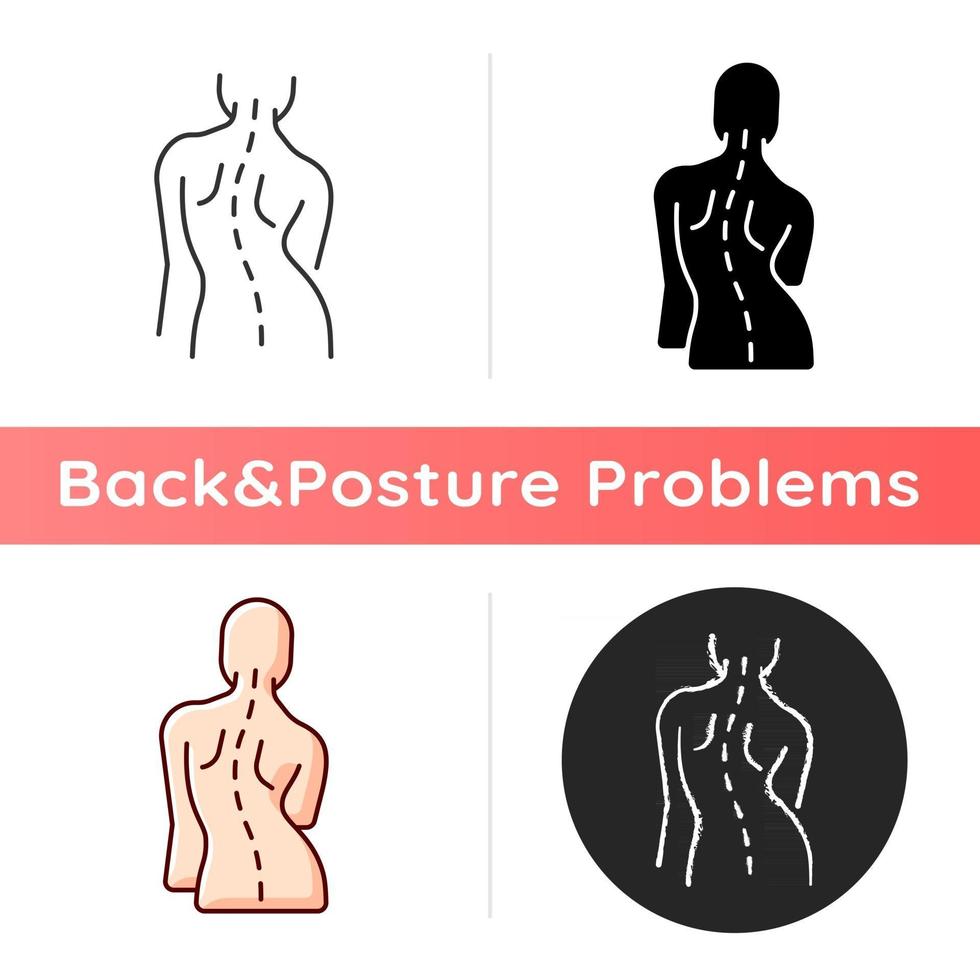 Scoliosis icon. Sideways curve. Uneven hips and shoulders. Pinched nerves. Abnormal spine sideways curvature. Damaging major organs. Linear black and RGB color styles. Isolated vector illustrations