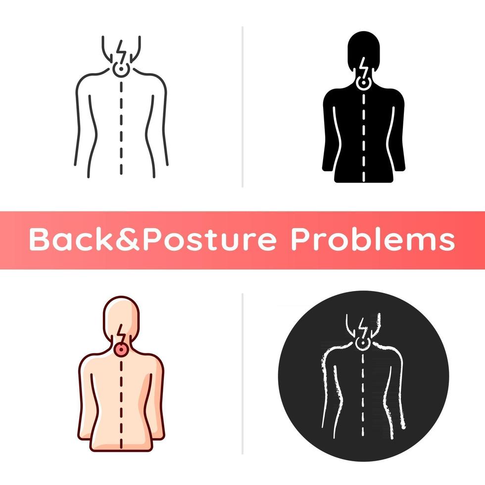Neck pain icon. Nerve root compression. Cervical radiculitis. Pressure on spinal nerves. Muscle weakness. Straining from poor posture. Linear black and RGB color styles. Isolated vector illustrations