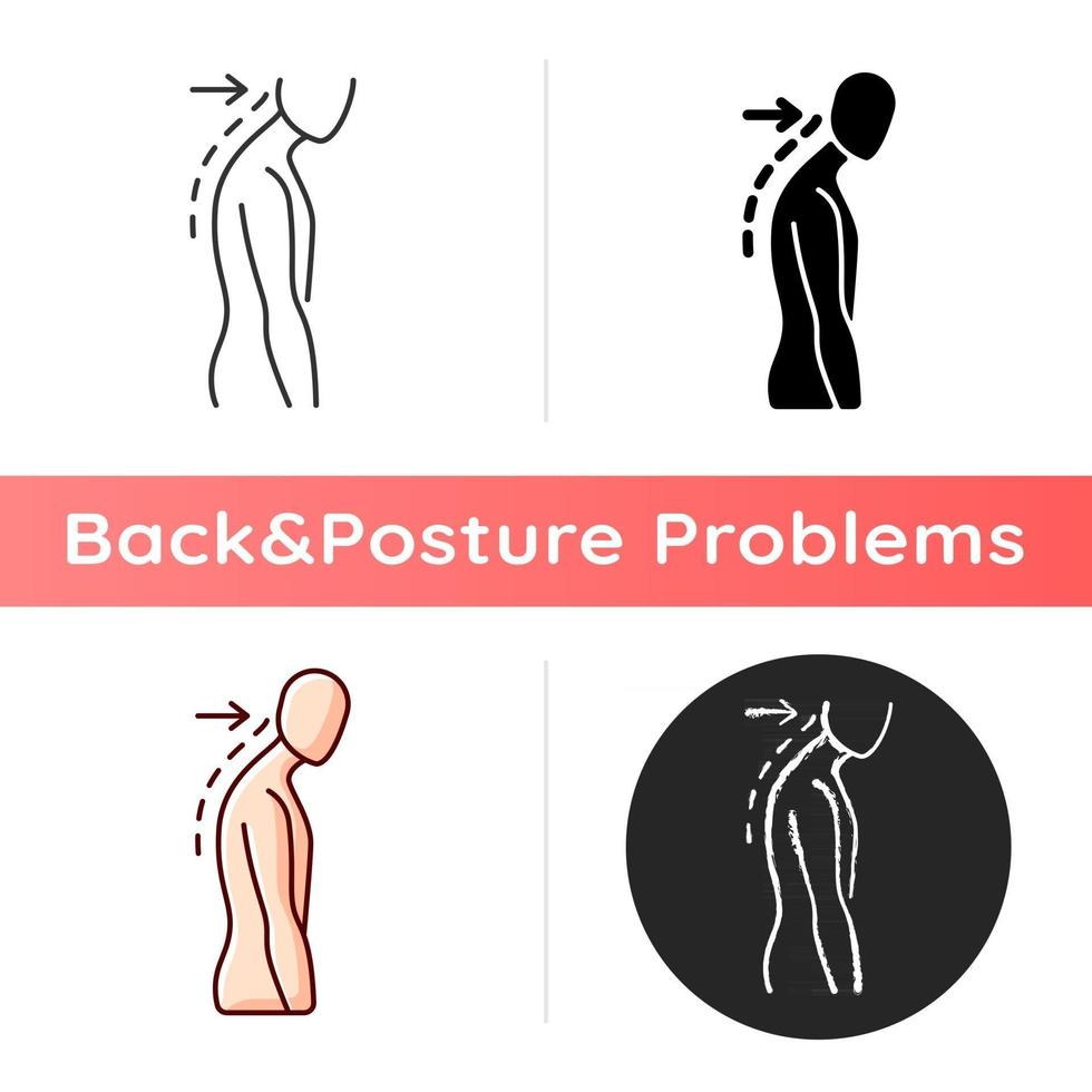 Slouching icon. Poor posture. Forward head. Body looking down. Walking incorrectly. Muscles in neck, shoulders disruption. Linear black and RGB color styles. Isolated vector illustrations