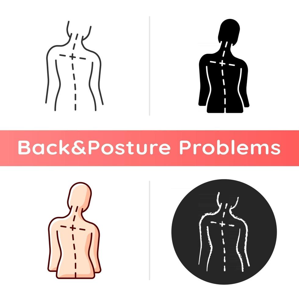 Uneven shoulders icon. Postural change. Difficulty walking. Back pain. Skeletal imbalances in body. Asymmetrical alignment. Linear black and RGB color styles. Isolated vector illustrations