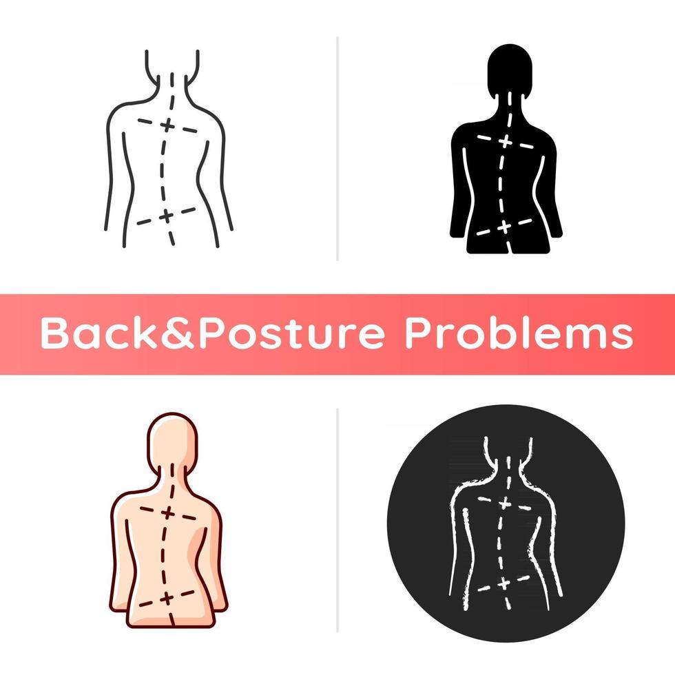 Uneven hips and shoulders icon. Abnormal curve in spine. Worsening scoliosis. Bad posture. Difference in leg length. Unusual gait. Linear black and RGB color styles. Isolated vector illustrations