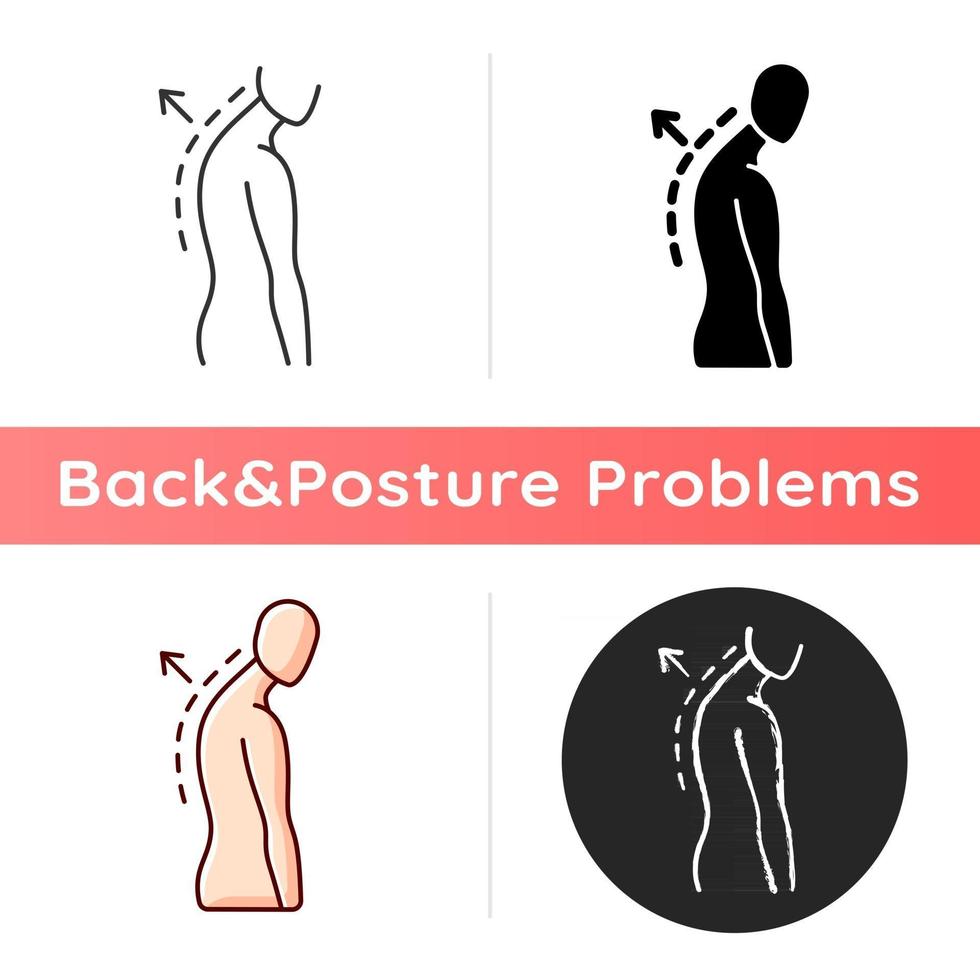 Thoracic kyphosis icon. Prominent shoulder blade. Spinal disorder. Roundback, hunchback. Increased front-to-back curve. Linear black and RGB color styles. Isolated vector illustrations