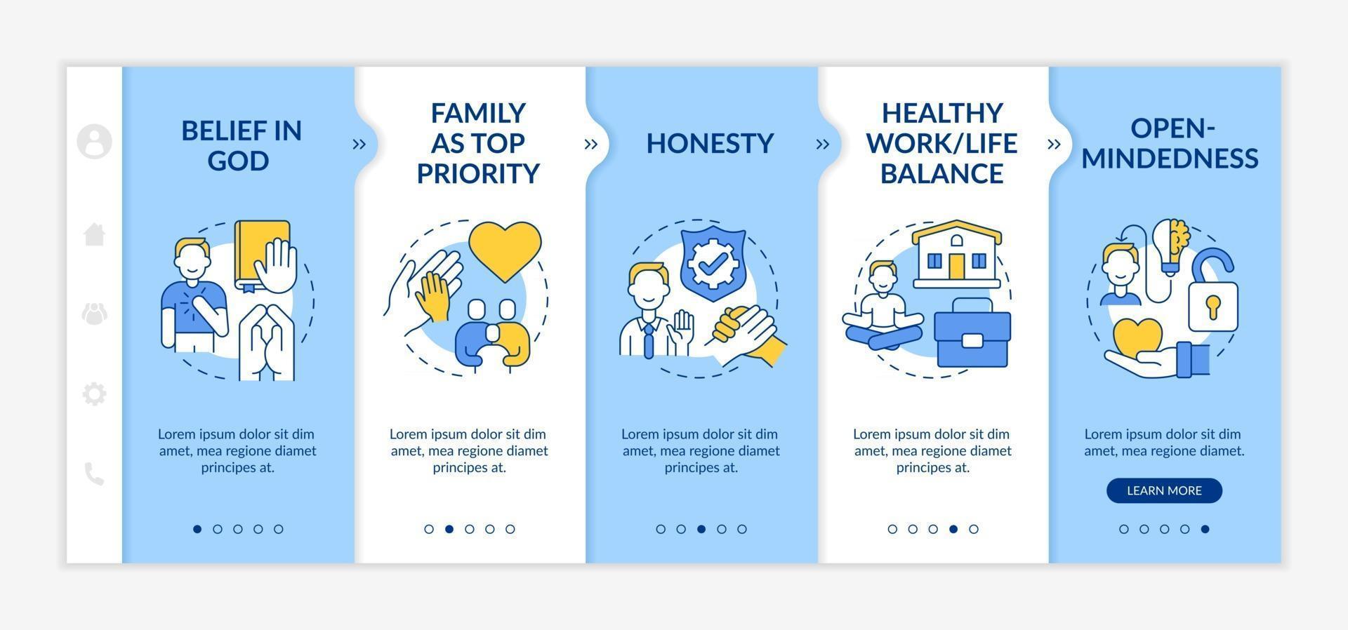 Personal morals onboarding vector template. Responsive mobile website with icons. Web page walkthrough 5 step screens. Healthy work-life balance, belief in god color concept with linear illustrations