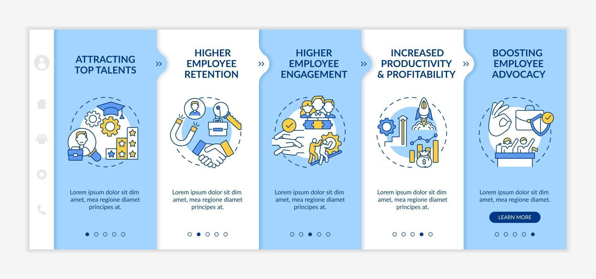 Organizational culture benefits onboarding vector template. Responsive mobile website with icons. Web page walkthrough 5 step screens. Retention, profitability color concept with linear illustrations