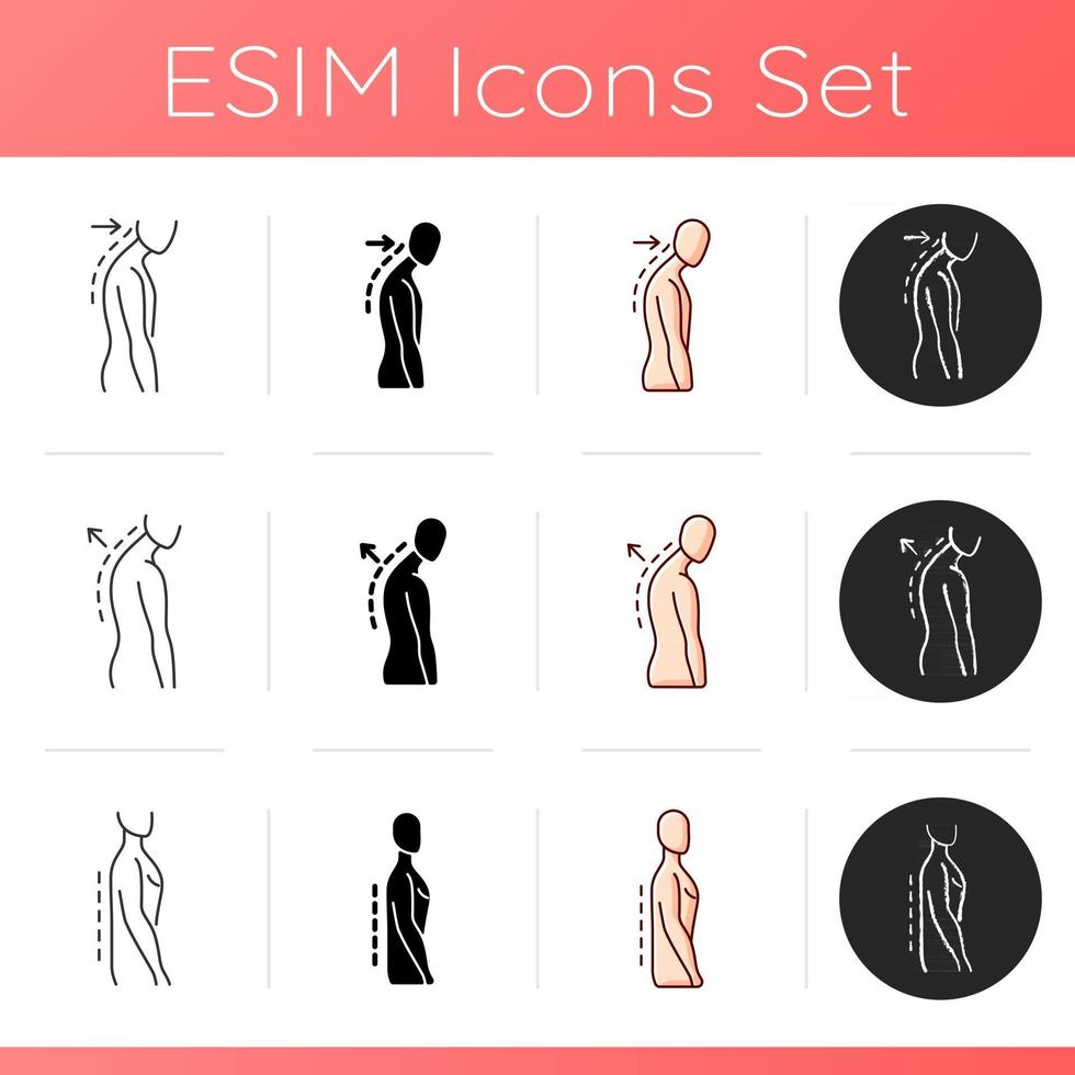Back and posture problems icons set. Slouching. Thoracic kyphosis. Flatback syndrome. Forward head. Roundback, hunchback. Linear, black and RGB color styles. Isolated vector illustrations