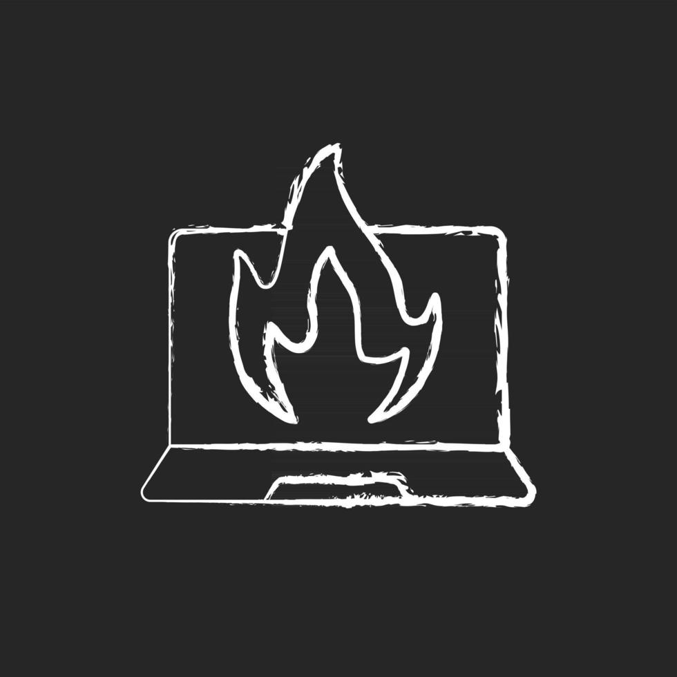 Computer burning chalk white icon on black background. Hardware crash, overheating issue. Burning laptop, PC problems. Tech support, repair service. Isolated vector chalkboard illustration