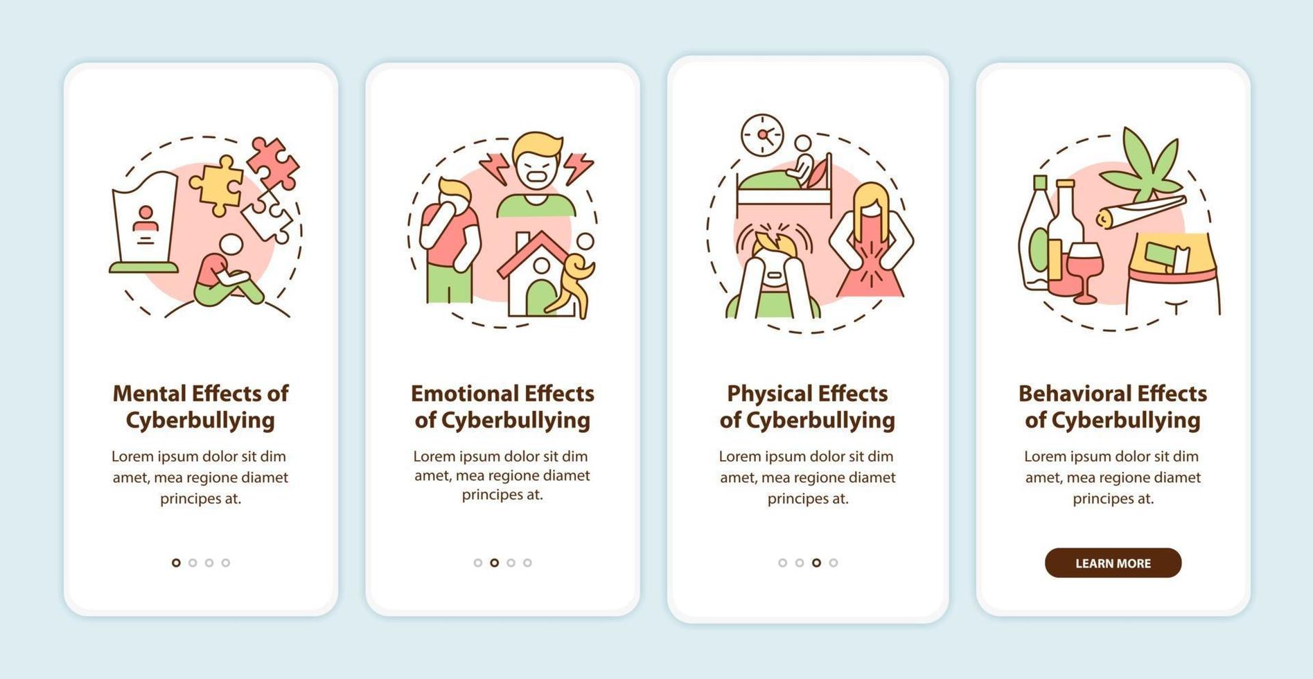 Cyberbullying effects onboarding mobile app page screen with concepts. Mental, emotional effects walkthrough 4 steps graphic instructions. UI, UX, GUI vector template with linear color illustrations
