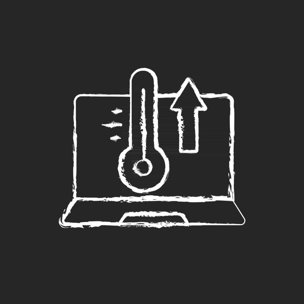 Computer overheating chalk white icon on black background. High processor temperature. Hot notebook, issue with cooling system. Laptop problems. Isolated vector chalkboard illustration