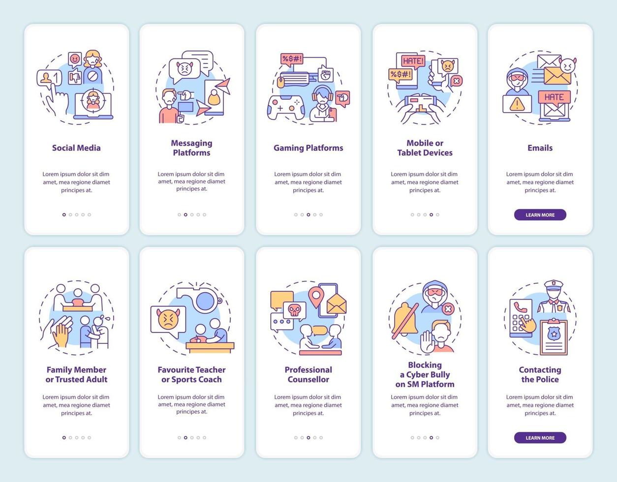 Cyberharassment sources onboarding mobile app page screen with concepts set. Reporting incidences walkthrough 5 steps graphic instructions. UI, UX, GUI vector template with linear color illustrations