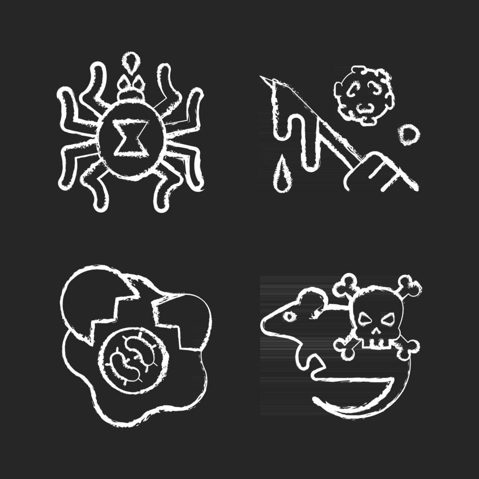 Infection spread source chalk white icons set on black background. Dangerous threat for human lives. Micro organisms risk. Insect toxin. Dangerous diseases. Isolated vector chalkboard illustrations