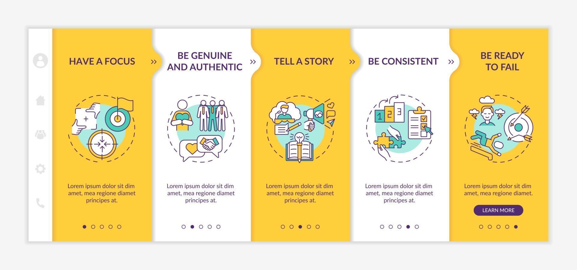 Personal brand rules onboarding vector template. Responsive mobile website with icons. Web page walkthrough 5 step screens. Influencer goals color concept with linear illustrations