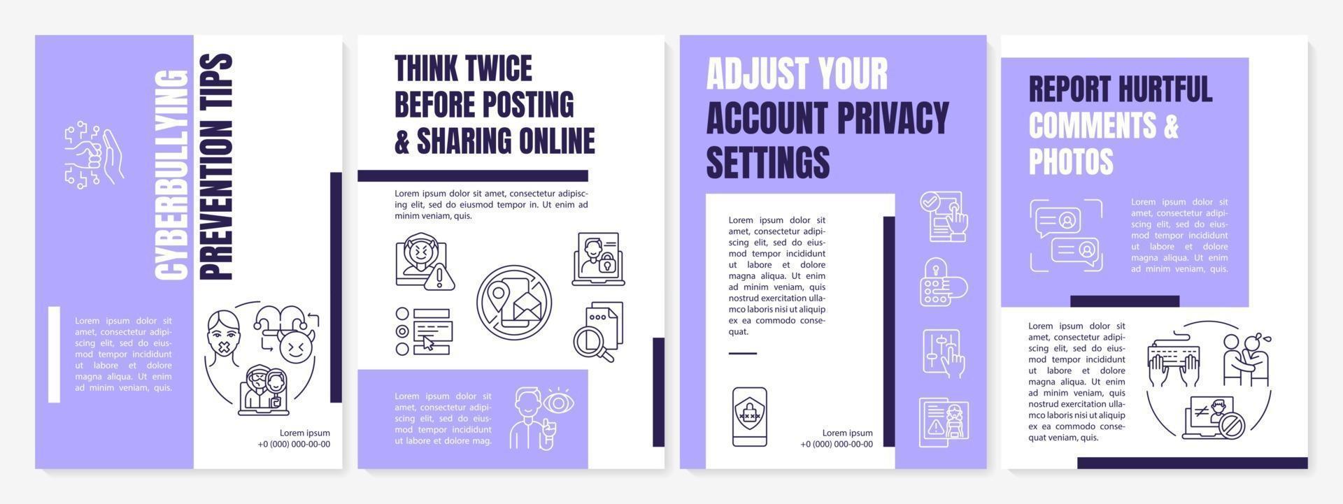 Cyberbullying prevention tips brochure template. Safe cyberspace. Flyer, booklet, leaflet print, cover design with linear icons. Vector layouts for presentation, annual reports, advertisement pages