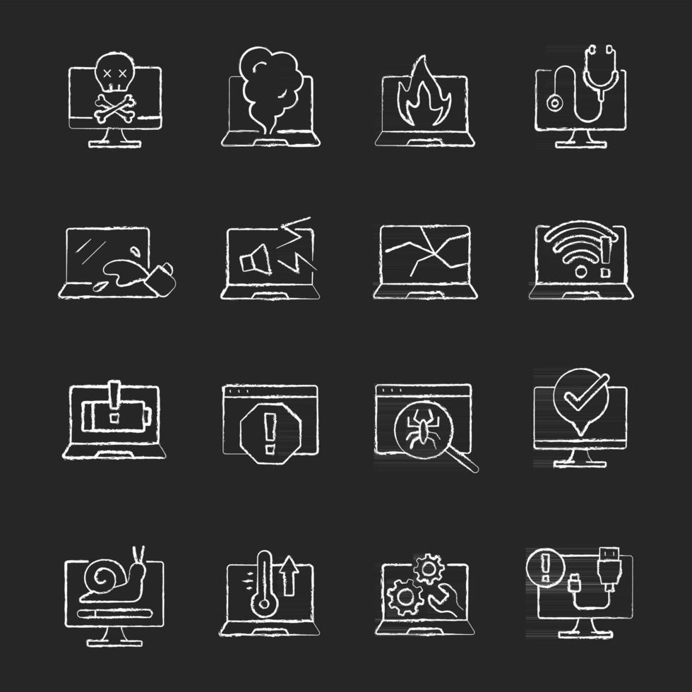 Computer problems chalk white icons set on black background. Laptop not starting, screen error. System failure. Hardware crash. Software issue on notebook. Isolated vector chalkboard illustrations
