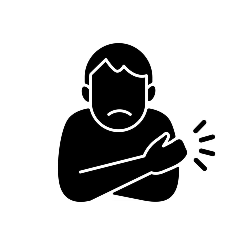 Arm swelling black glyph icon. Rash on hand. Allergic reaction. Vaccination side effect. Sore arm, painful symptom. Health care. Silhouette symbol on white space. Vector isolated illustration