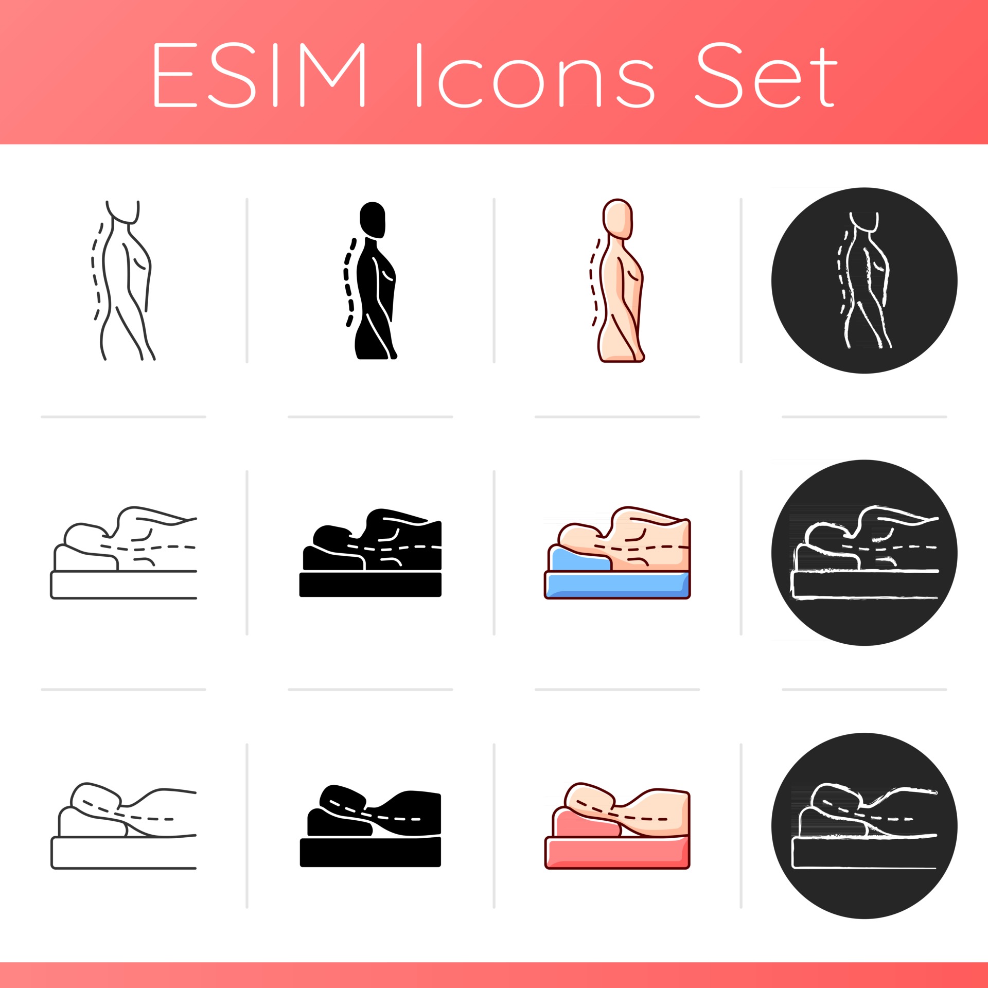 Poor posture problems icons set. Improving upright position