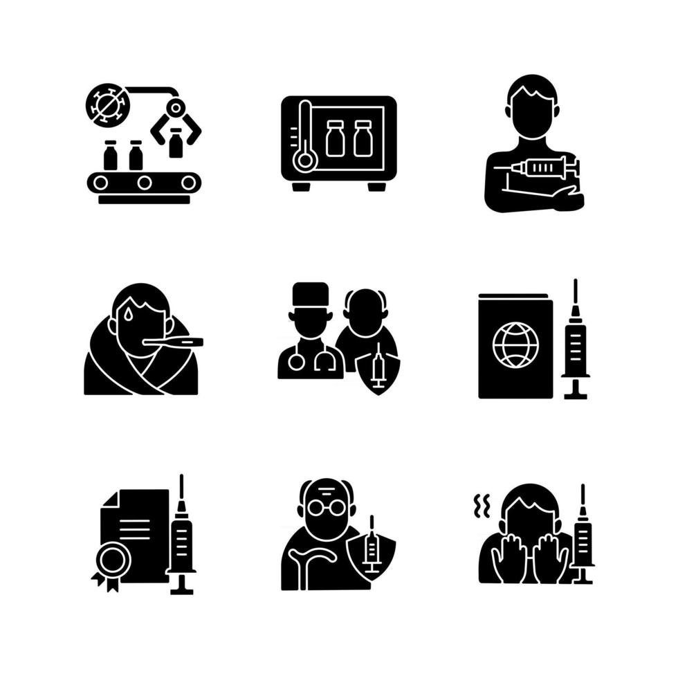 Covid vaccination black glyph icons set on white space. Pharmaceutical drug production and storage. Disease treatment. Health care and medicine. Silhouette symbols. Vector isolated illustration