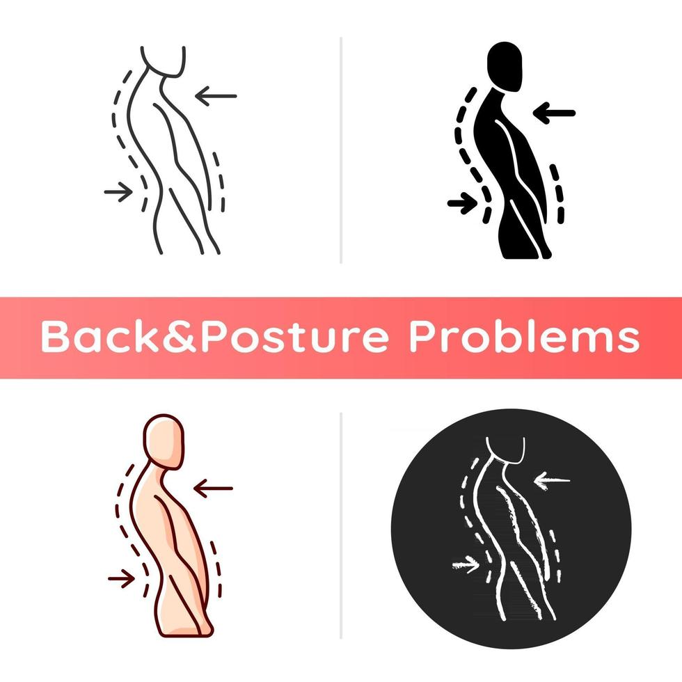 Swayback posture icon. Spine curvature disorder. Poor posture. Postural deformity. Backward thoracic spine movement. Ligament sprain. Linear black and RGB color styles. Isolated vector illustrations