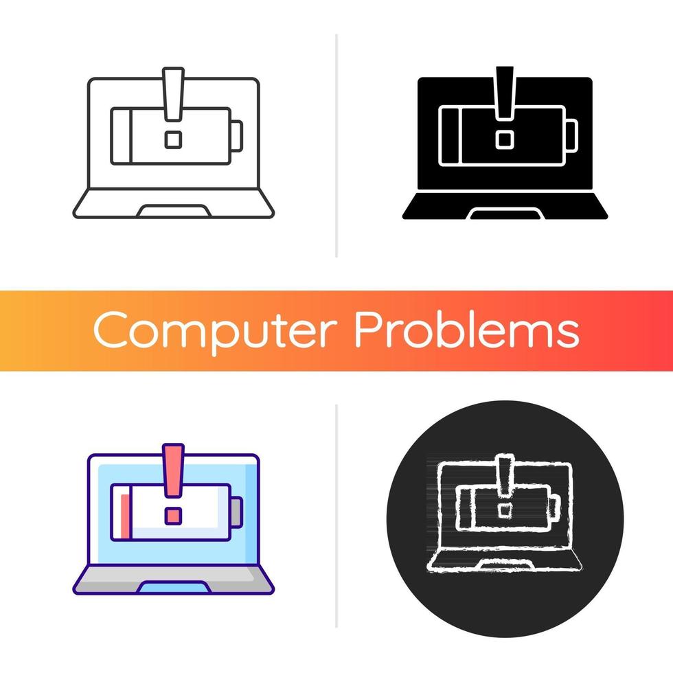 Computer does not charge icon. Broken notebook battery. Electricity supply issue. Repair service. Laptop problems symptom. Linear black and RGB color styles. Isolated vector illustrations