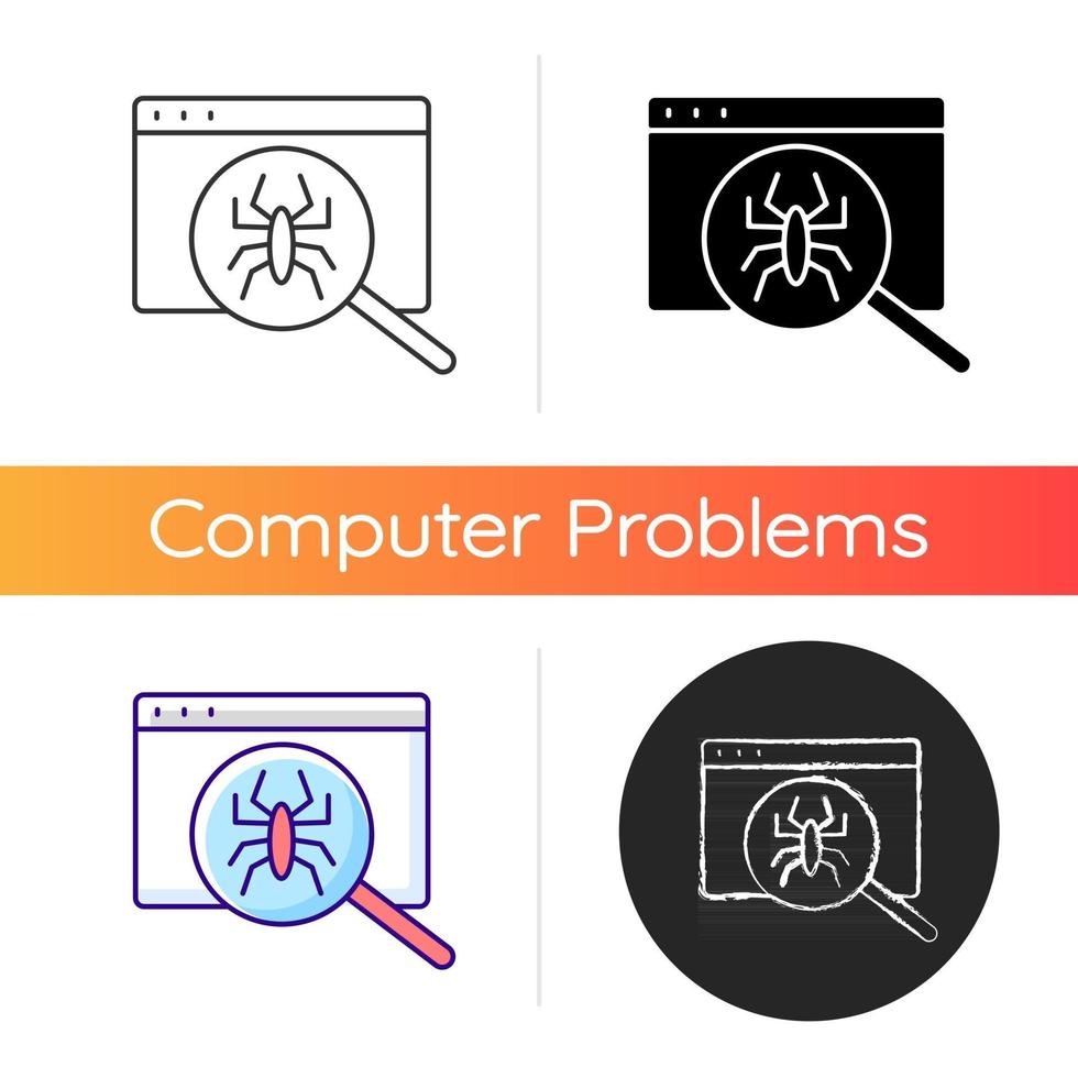 Computer viruses icon. Search for bugs with antivirus. Diagnostics of website. PC issue. Scan online data. Laptop problems. Linear black and RGB color styles. Isolated vector illustrations