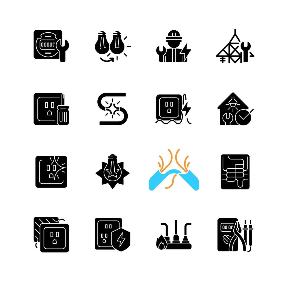 Electrician service black glyph icons set on white space. Changing lightbulb. Operating with electric devices, equipment. Appliance damage. Silhouette symbols. Vector isolated illustration