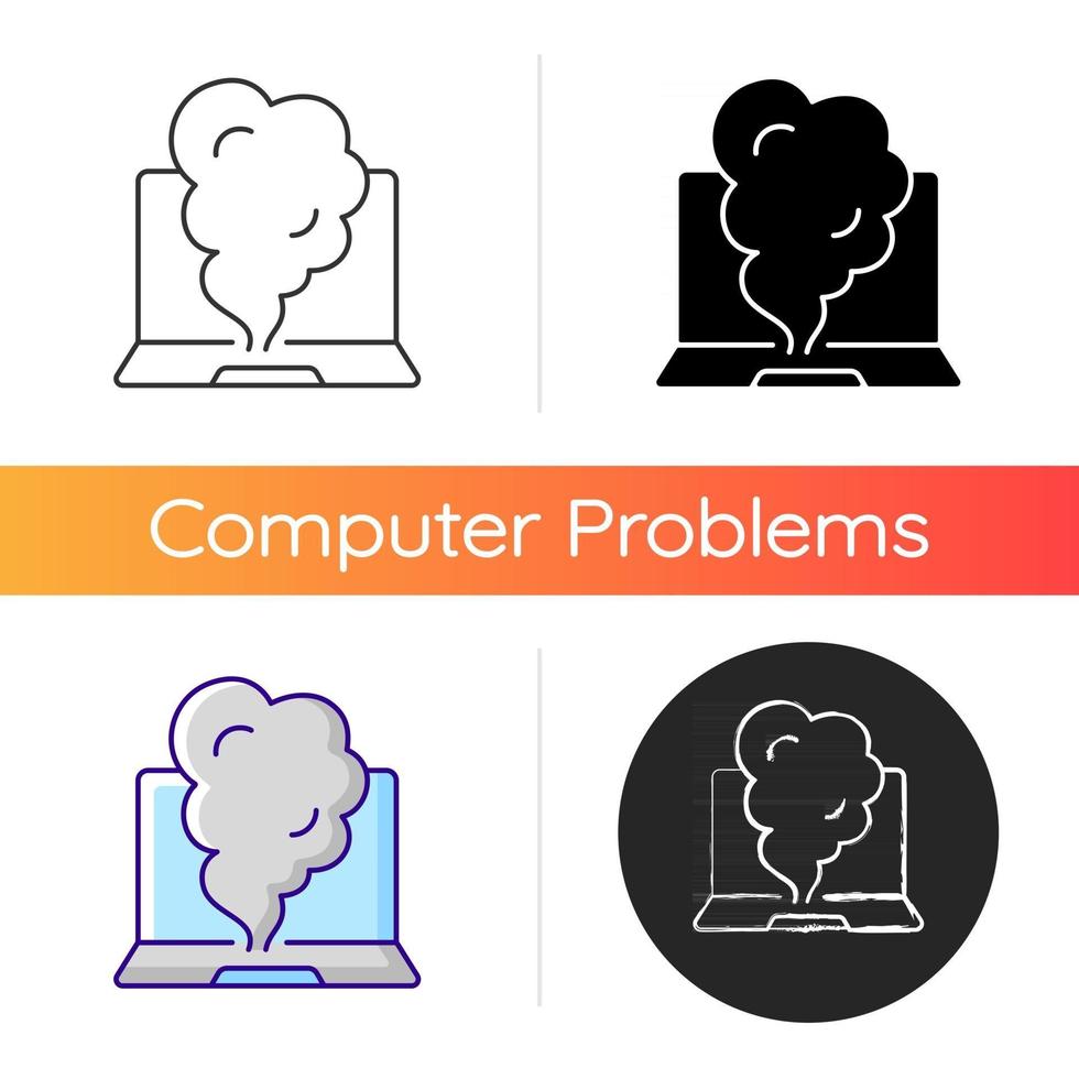 Smoking computer icon. Symptom of overheating hardware. Broken notebook. System failure. Damaged PC. Laptop problems. Linear black and RGB color styles. Isolated vector illustrations