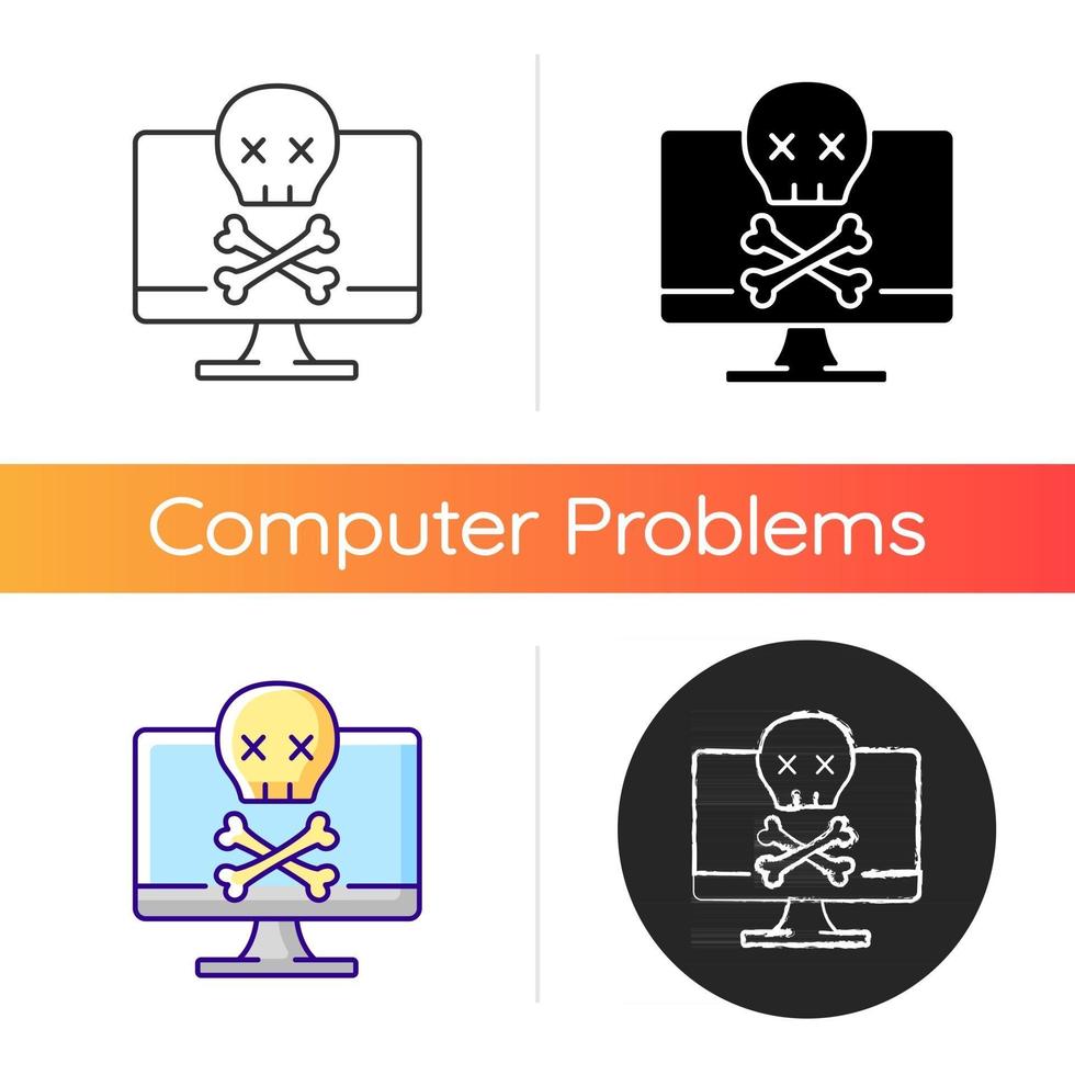 Computer not starting icon. Fatal system error. PC crash, software failure. Broken technology. Laptop problems. Tech support. Linear black and RGB color styles. Isolated vector illustrations