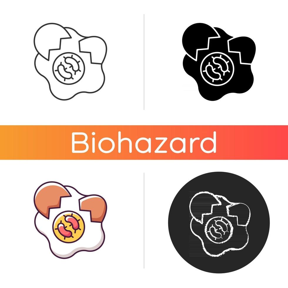 Foodborne disease icon. Spoilage of contaminated foods. Infectious virus sources. Pathogenic bacteria transmission. Linear black and RGB color styles. Isolated vector illustrations