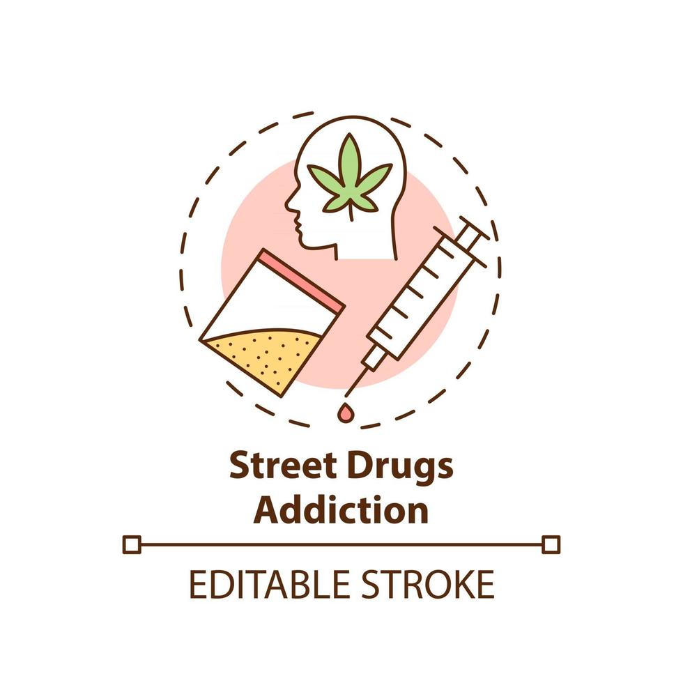 Street drugs addiction concept icon. Addiction types. Illegal medicaments buying. Medical help abstract idea thin line illustration. Vector isolated outline color drawing. Editable stroke