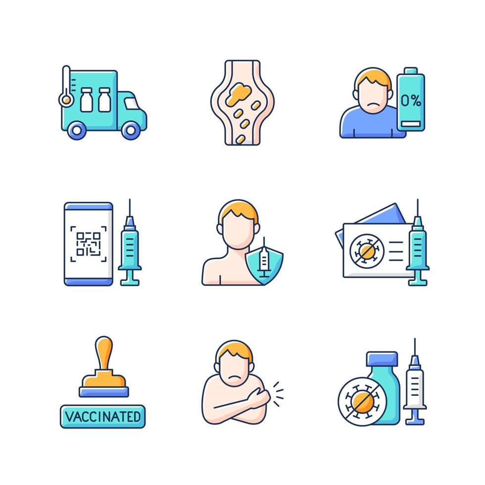 Covid passport RGB color icons set. Vaccination during virus pandemic. Blood clots side effect. Patient immunization. Pharmaceutical treatment. Health care and medicine. Isolated vector illustrations