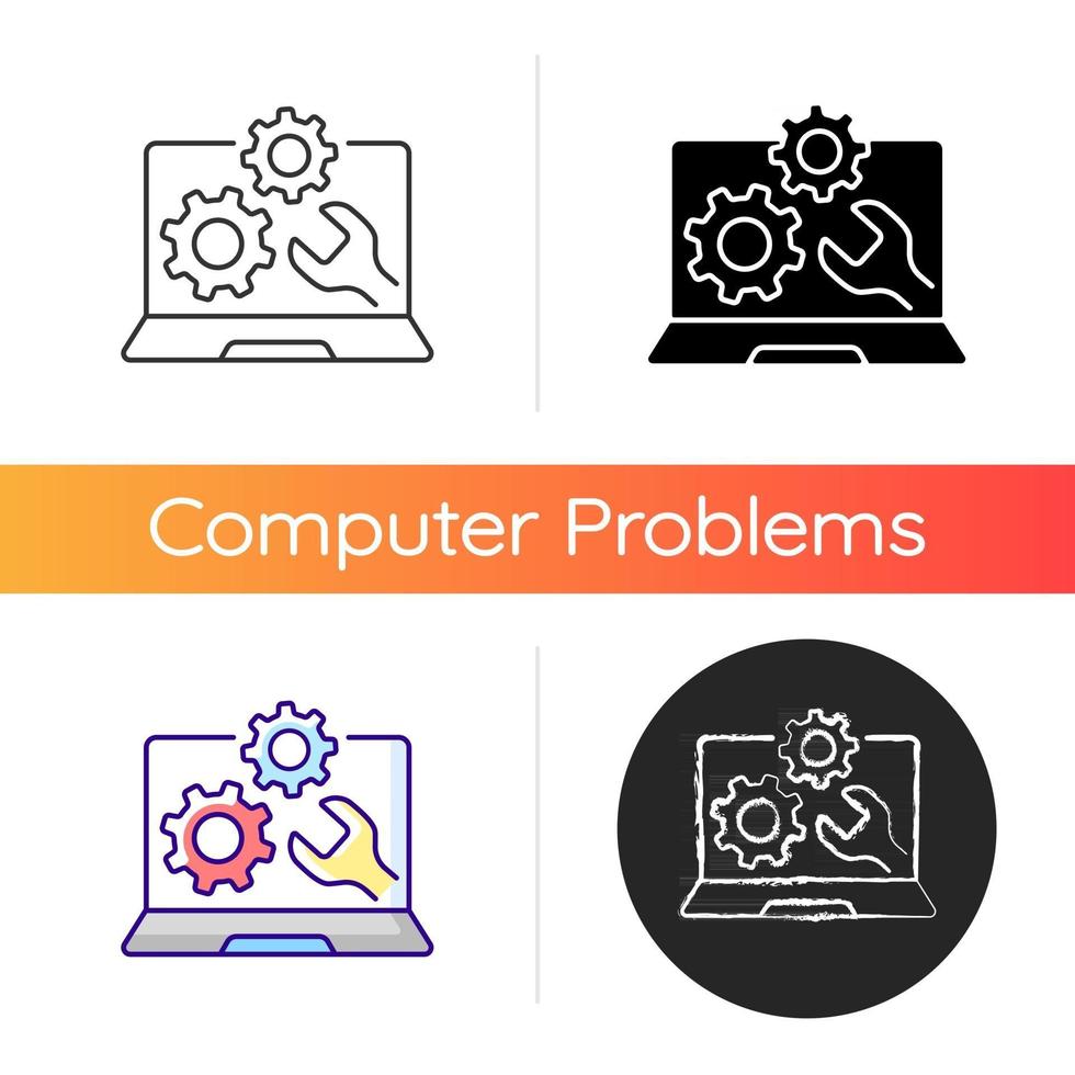 Computer repair service icon. Installing software on notebook. Upgrading system. Tech support for electronics. Laptop problems. Linear black and RGB color styles. Isolated vector illustrations