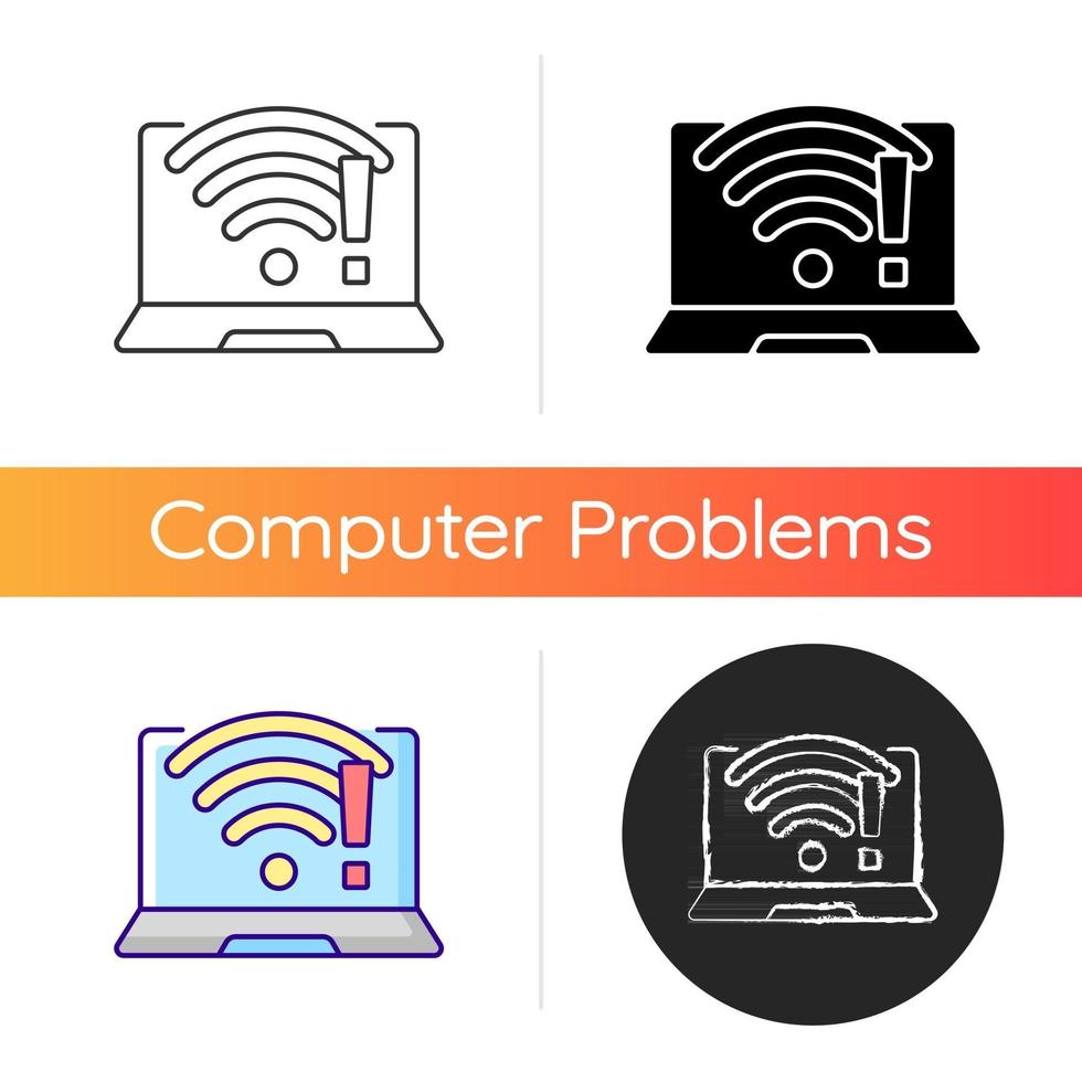 Wi fi does not work icon. Wireless connection issue, weak signal. No internet. Fix wifi. Communication technology, laptop problems. Linear black and RGB color styles. Isolated vector illustrations