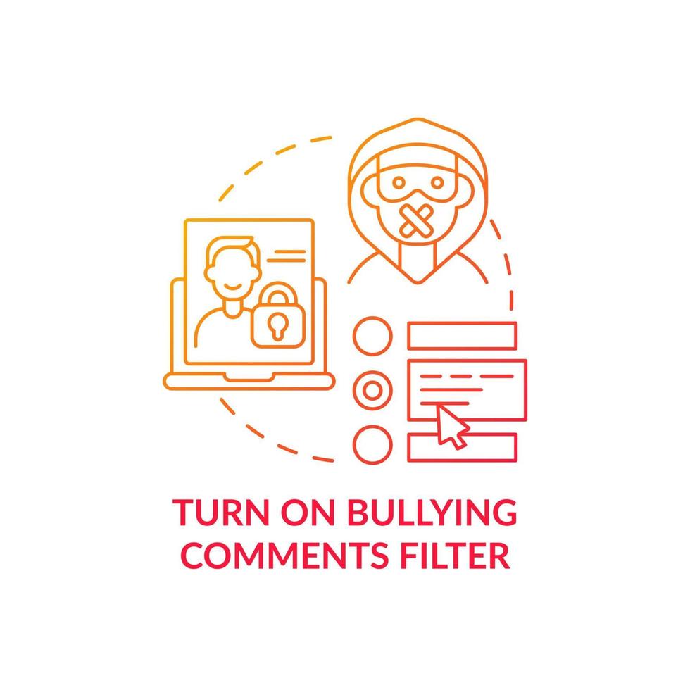 Turning on bullying comments filter concept icon. Offensive, rude content detection idea thin line illustration. Anti-bullying option on social media. Vector isolated outline RGB color drawing