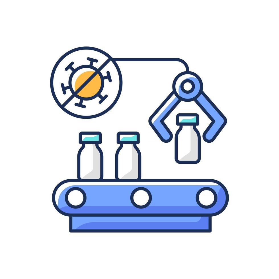 Vaccine manufacturer RGB color icon. Pharmaceutical production. Automated medication distribution. Health care and medicine industry. Covid medicaiton. Isolated vector illustration