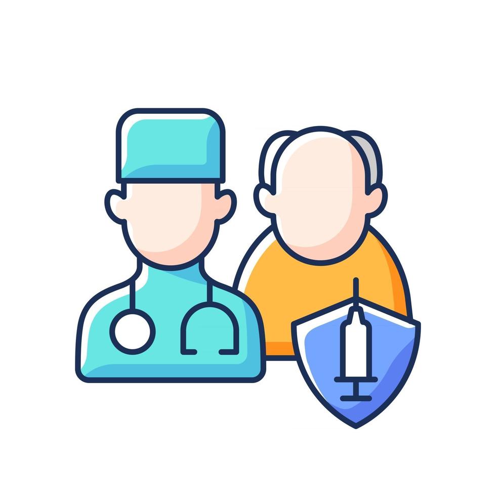 Vaccination priority list RGB color icon. Senior patient with doctor. Age group for vaccine injection. Hospital visit for elderly man. Health care and medicine. Isolated vector illustration