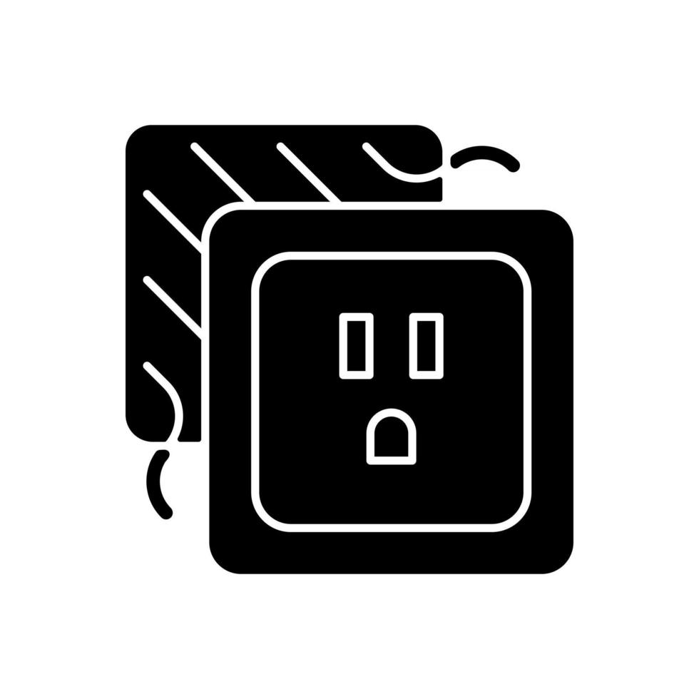 Loose outlet black glyph icon. Electricity flow disruption. Fire hazard risk. Faulty electrical outlet. Loose connecting wires. Silhouette symbol on white space. Vector isolated illustration