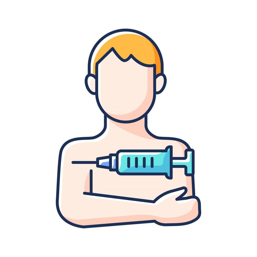 Injection in arm RGB color icon. Influenza clinic treatment. Drug inoculation. Vaccine shot for male patient. Health care and medicine. Hospital appointment. Isolated vector illustration