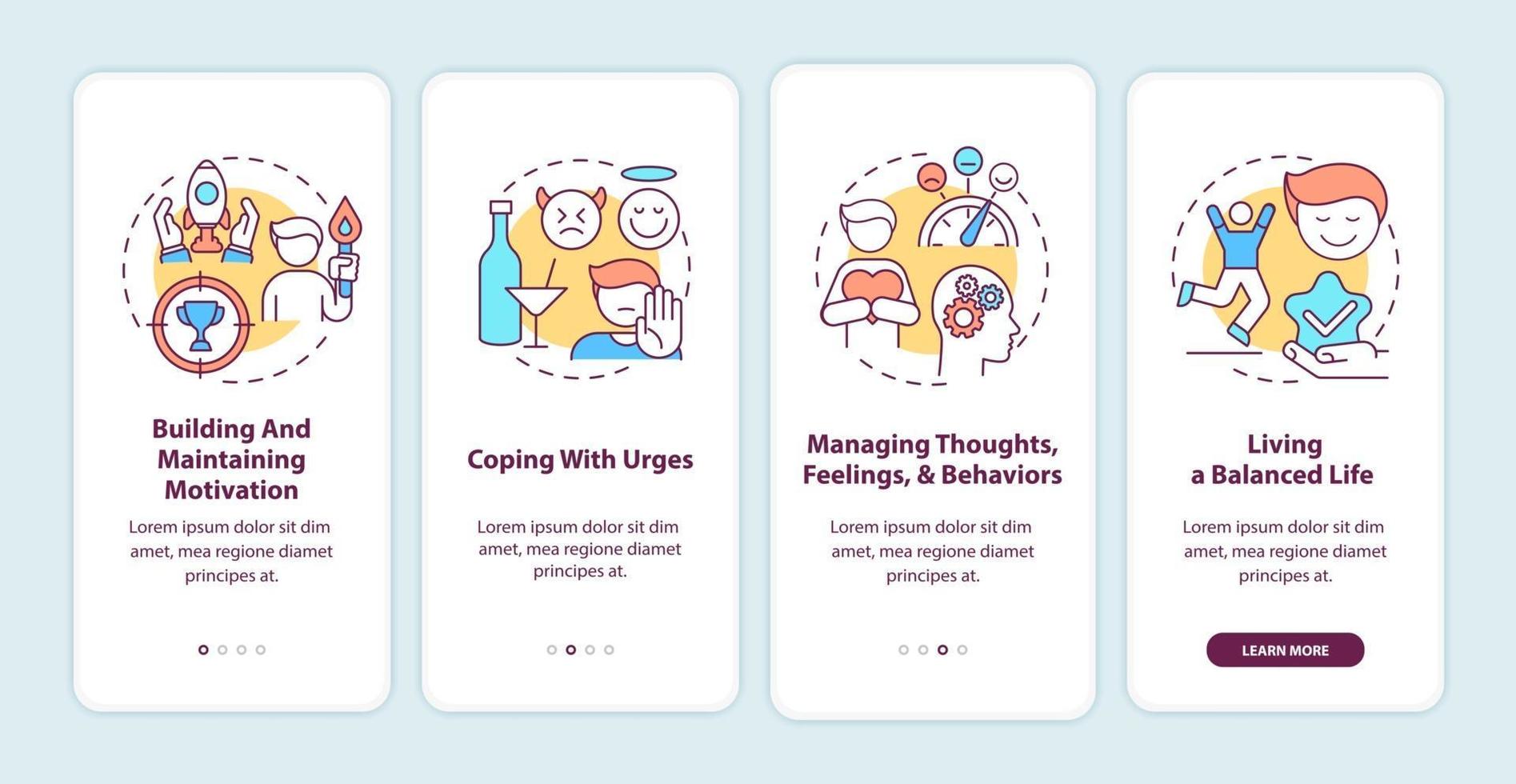 Addiction recovery steps methods onboarding mobile app page screen with concepts. Build motivation walkthrough 4 steps graphic instructions. UI, UX, GUI vector template with linear color illustrations