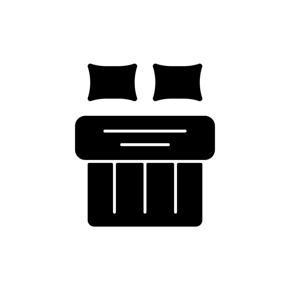 Double bed set black glyph icon. Hotel room for night rest. King size linen bedding. Textile products, household cloths. Sleep hygiene. Silhouette symbol on white space. Vector isolated illustration