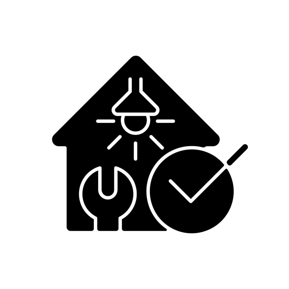 Electrical safety inspection black glyph icon. Examination for electrical wiring damage. Appliances checkup for suitability. Silhouette symbol on white space. Vector isolated illustration