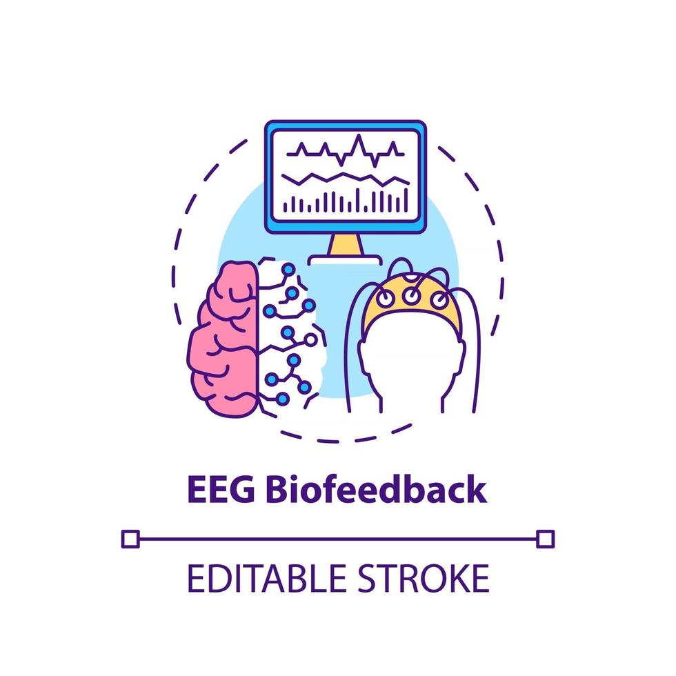 eeg icono del concepto de biorretroalimentación. métodos de tratamiento de adicciones. neuroterapia del cerebro. Ilustración de línea fina de idea abstracta de cuerpo humano. dibujo de color de contorno aislado vectorial. trazo editable vector