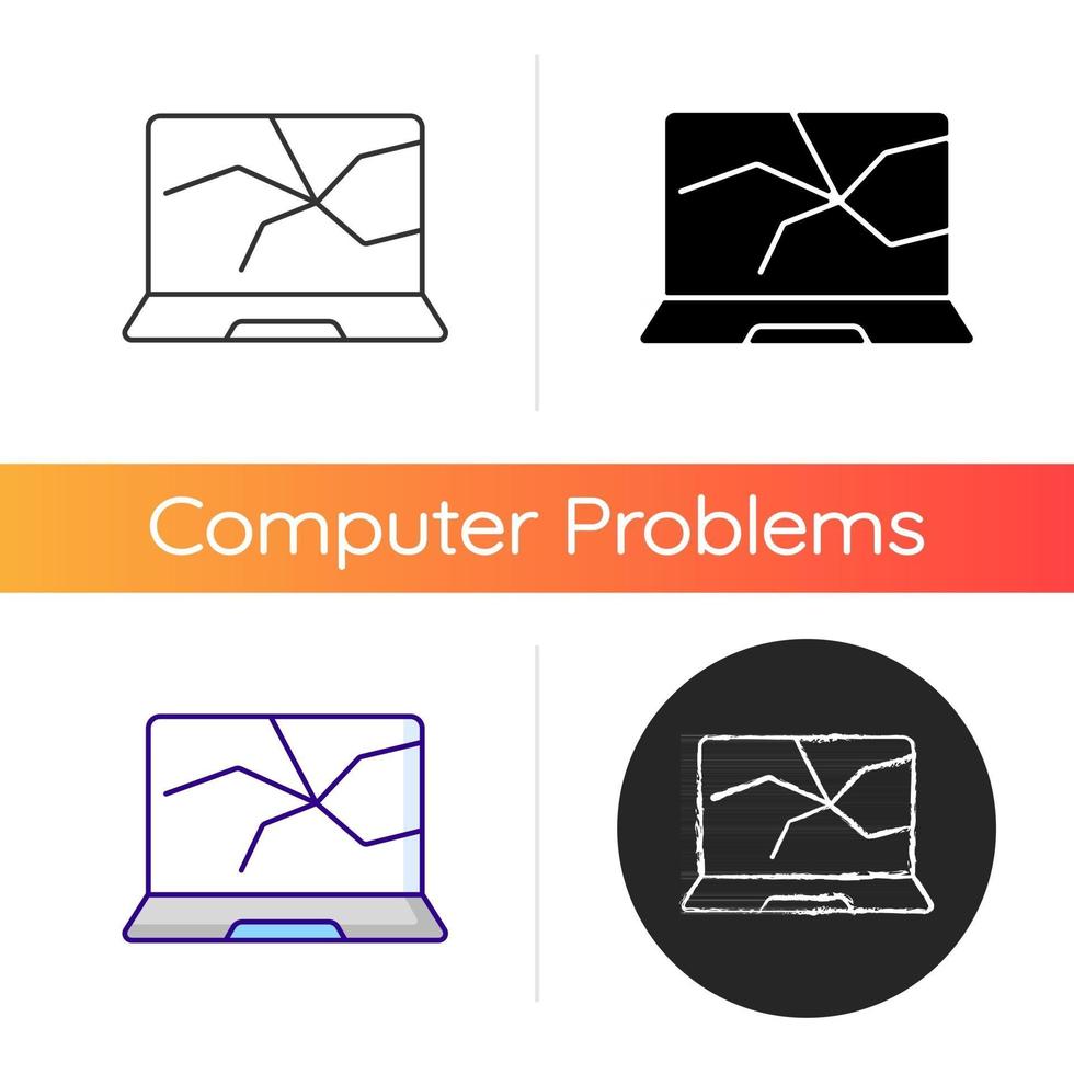 icono de pantalla rota. pantalla agrietada. monitor estrellado. pantalla táctil rota, servicio de reparación de dispositivos electrónicos. daño de la computadora. Estilos lineales de color negro y rgb. ilustraciones vectoriales aisladas vector