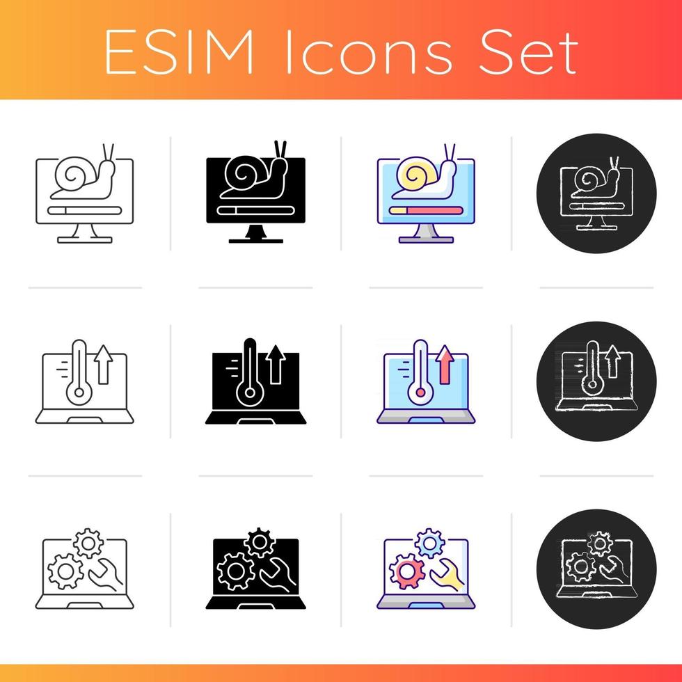 Computer problems icons set. Slow processing. Laptop overheating. Software issue symptom. Repair service and technical support. Linear, black and RGB color styles. Isolated vector illustrations