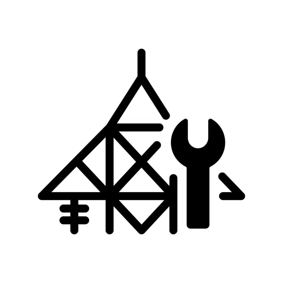 Power line repair black glyph icon. Maintenance on transmission lines. Hotline repairment. Live-line working. Transformers damage. Silhouette symbol on white space. Vector isolated illustration