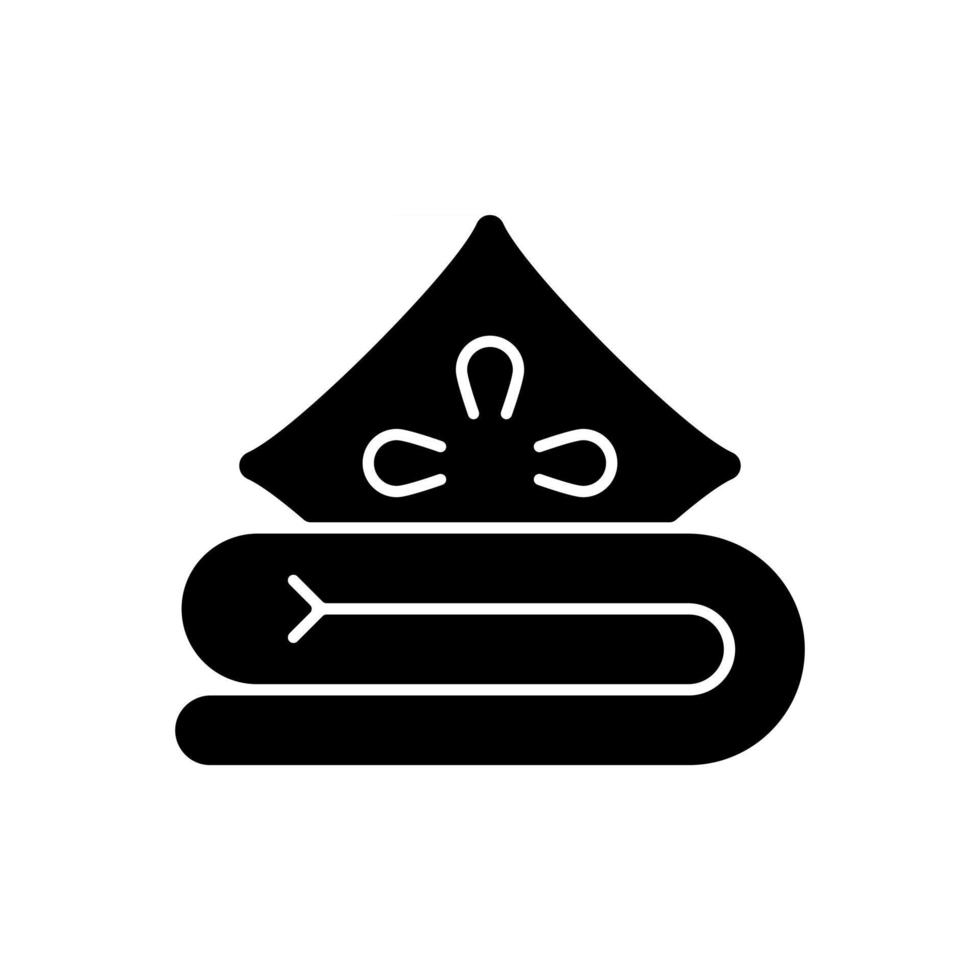 Bed linen black glyph icon. Soft cushion and sheets. Comfortable duvet, pillow. Textile products, household cloths. Domestic items. Silhouette symbol on white space. Vector isolated illustration