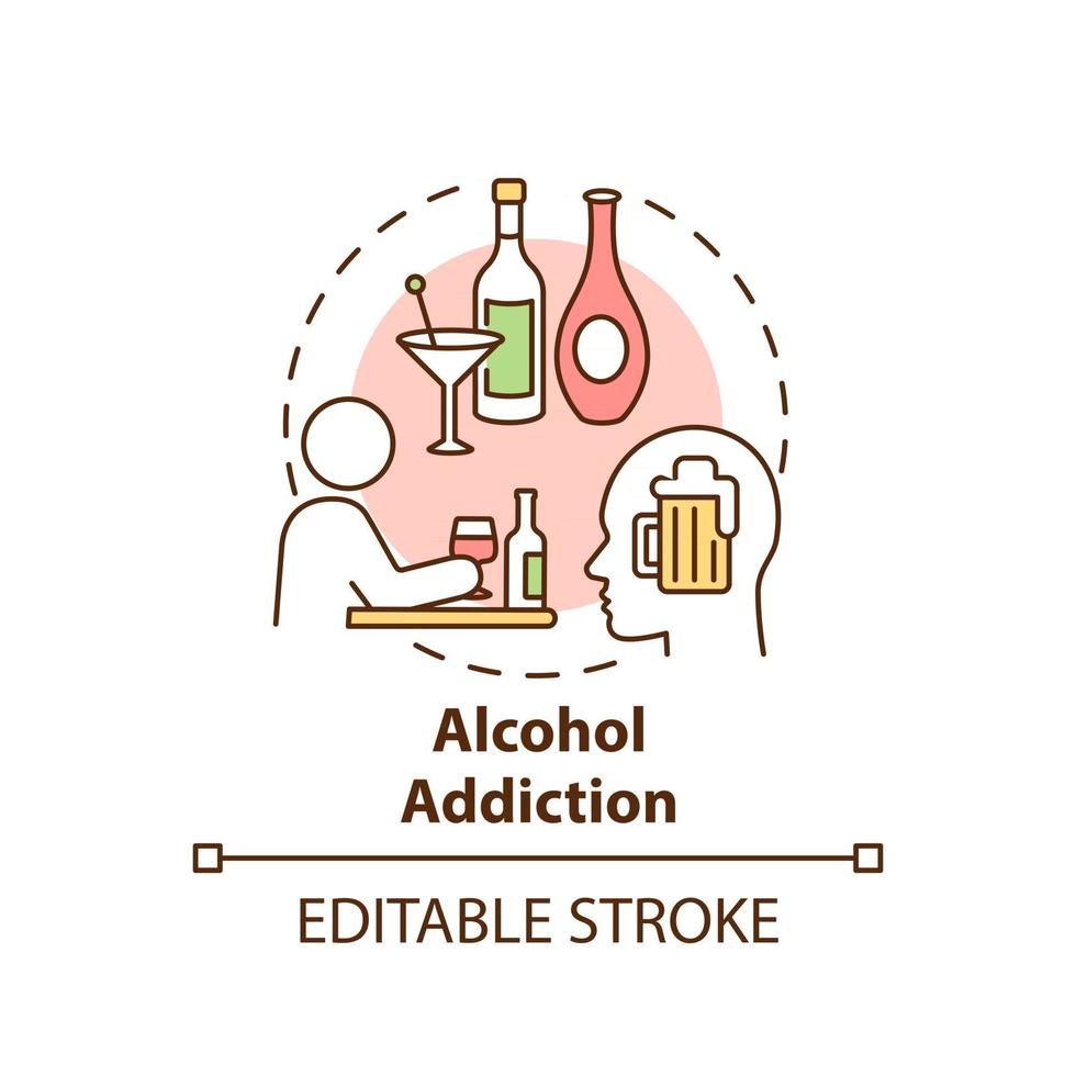 Alcohol addiction concept icon. Addiction types. Treatment of alcoholism problems. Health care abstract idea thin line illustration. Vector isolated outline color drawing. Editable stroke