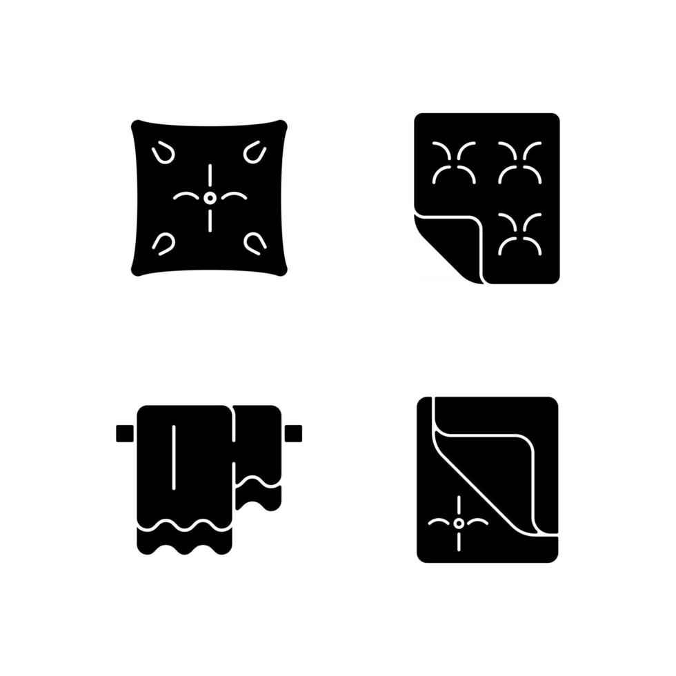 iconos de glifos negros de tela para el hogar en espacio en blanco. cojín suave. colchón ortopédico. colgar toallas de baño. colcha, sábanas. productos textiles. símbolos de silueta. vector ilustración aislada