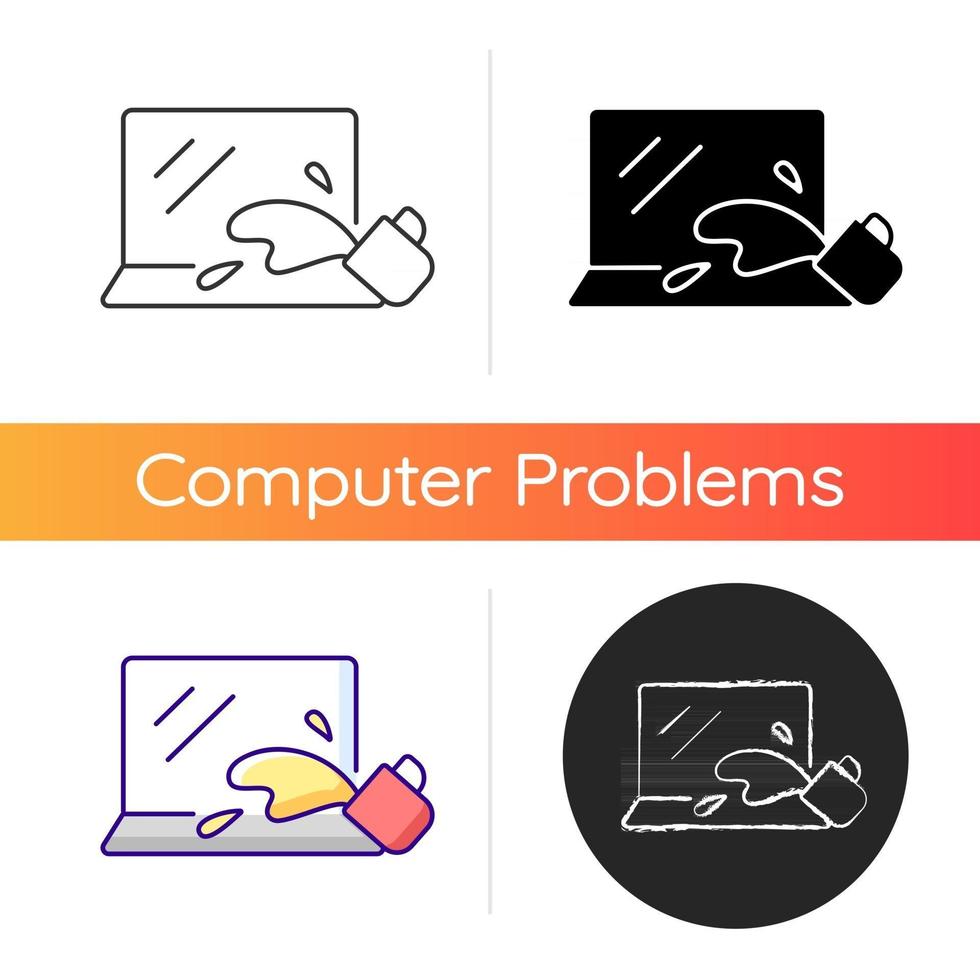 Water damage icon. Drink spilled on keyboard. Office accident with electronics. Liquid on notebook. Wet laptop. Hardware problem. Linear black and RGB color styles. Isolated vector illustrations