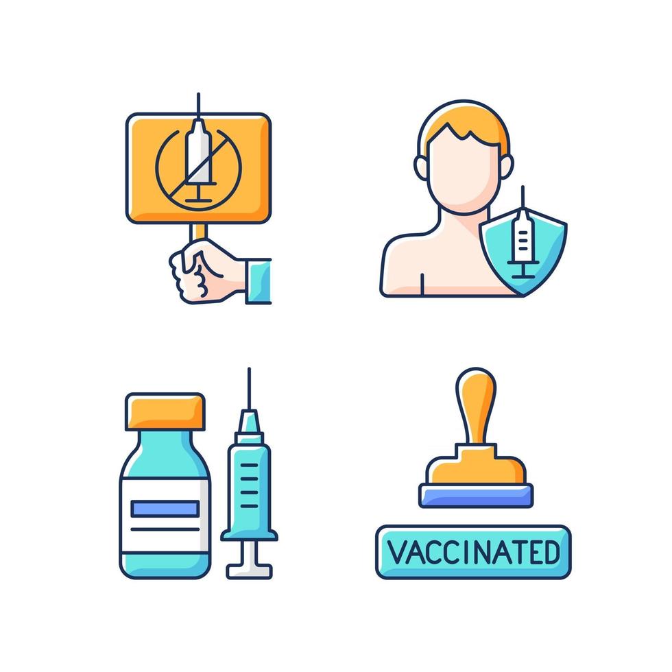 Immunization against virus RGB color icons set. Anti vaxxer protest. Adult vaccination. Approved pass for vaccinated patient. Vial with syringe. Health care and medicine. Isolated vector illustrations